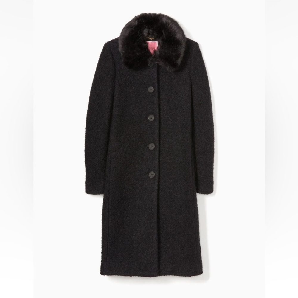 Kate Spade NWT Black Boucle Wool Broadway Coat with Fur Trim Collar. Size 8